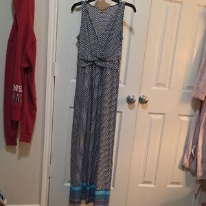 Ellen Tracy Extra Small Black and White Polka Dot Maxi Dress with Blue Accents